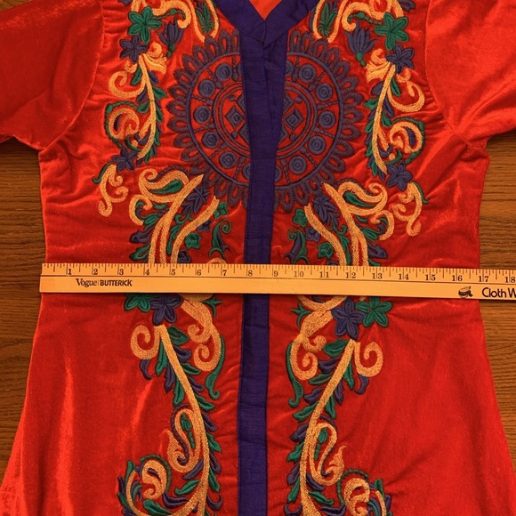 Red Velvet Multicolor Floral Embroidered Long Tunic Top Boho Kurta Sz S/XS - Picture 9 of 12